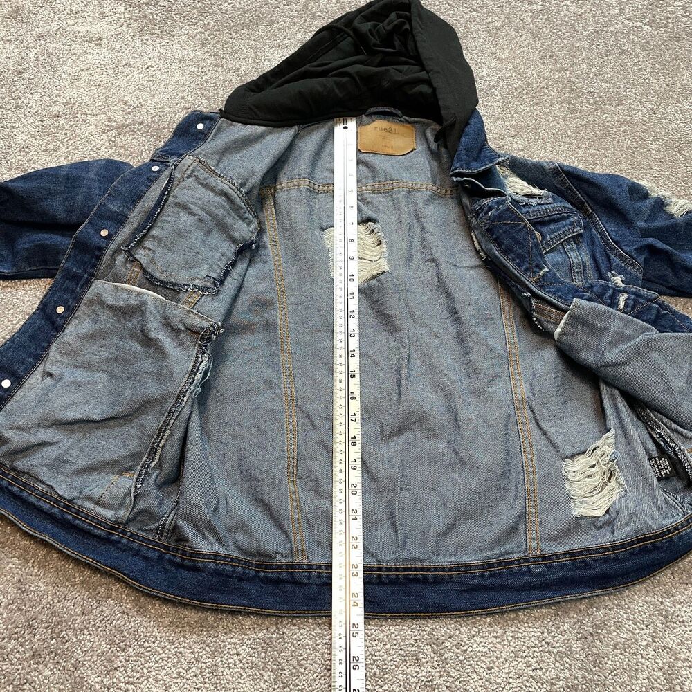 Rue 21 Jean Jacket Womens Small Blue Denim Distressed Dark Wash Black Hooded - Picture 6 of 11